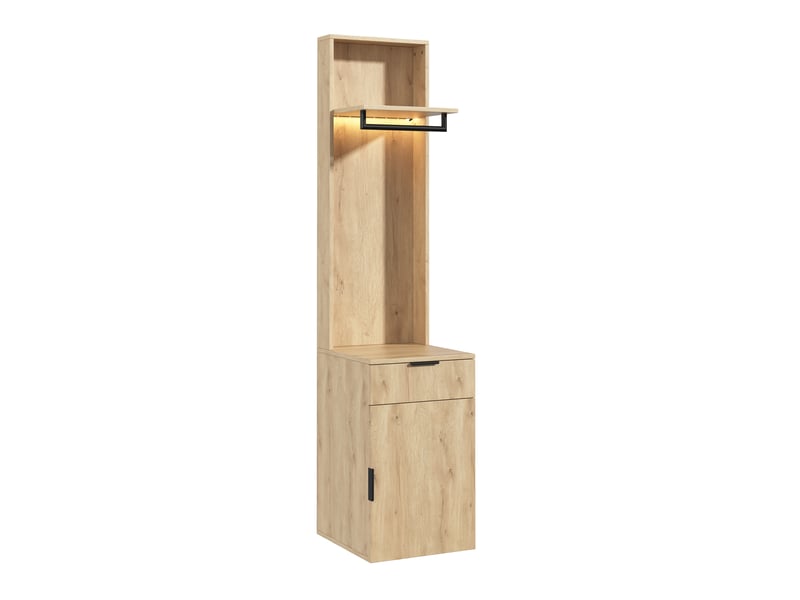  Vestiaire d'entrée 45 x 47 x 200 cm avec éclairage led, tringle, tiroir à bijoux et 2 rangements, décor chêne  - Conforama A