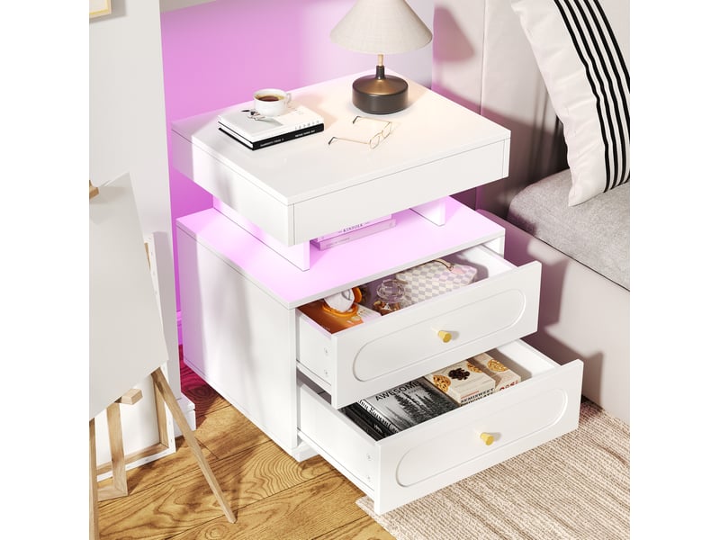  Chevet 50x40x60 cm, 2 tiroirs, led, design élégance, moderne, design simple, rangement, panneau de particules, blanc  - Conforama B