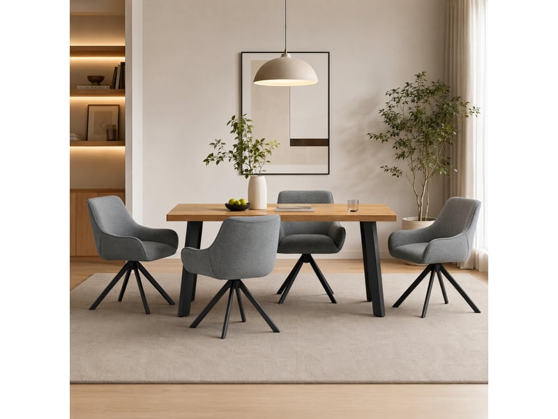  Ensemble table et 4 chaises - table rectangulaire 160x80 cm monobloc en chêne sauvage et pieds métal, 4 chaises en tissu gris pigeon et pieds métal  - Conforama A