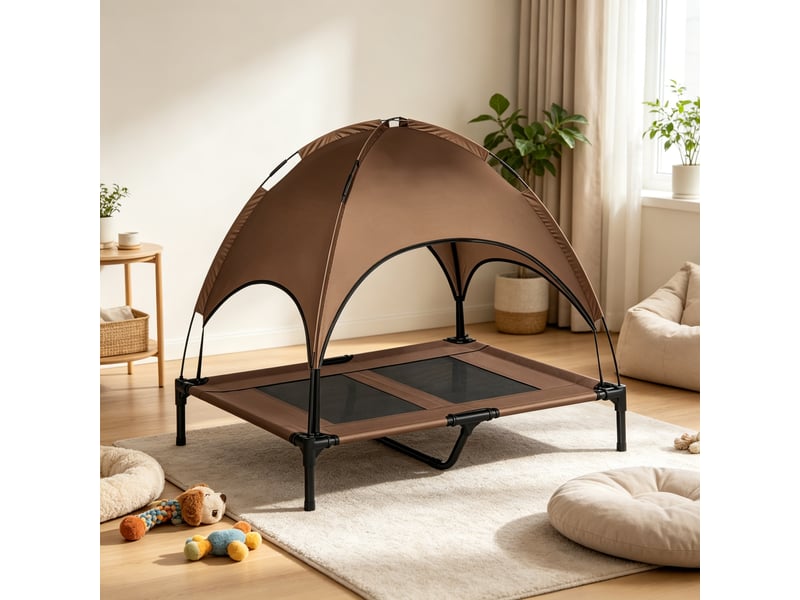  Lit surélevé chats et chiens 92 x 76 x 90 cm – marron – auvent amovible, ombre extérieure et transport facile  - Conforama B