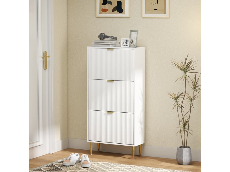  Meuble à chaussures 18 paires avec 3 tiroirs rabattables, portes cannelées et étagères réglables, 60x24x122,5cm, blanc  - Conforama C
