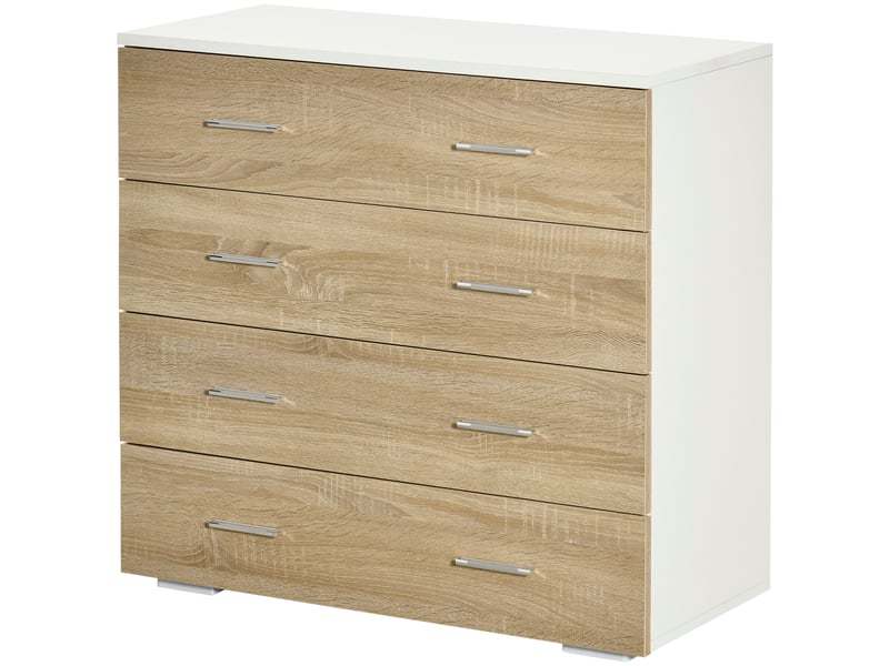  Commode à 4 tiroirs en bois avec poignées en aluminium, 76 x 35 x 72 cm, blanc et chêne  - Conforama B
