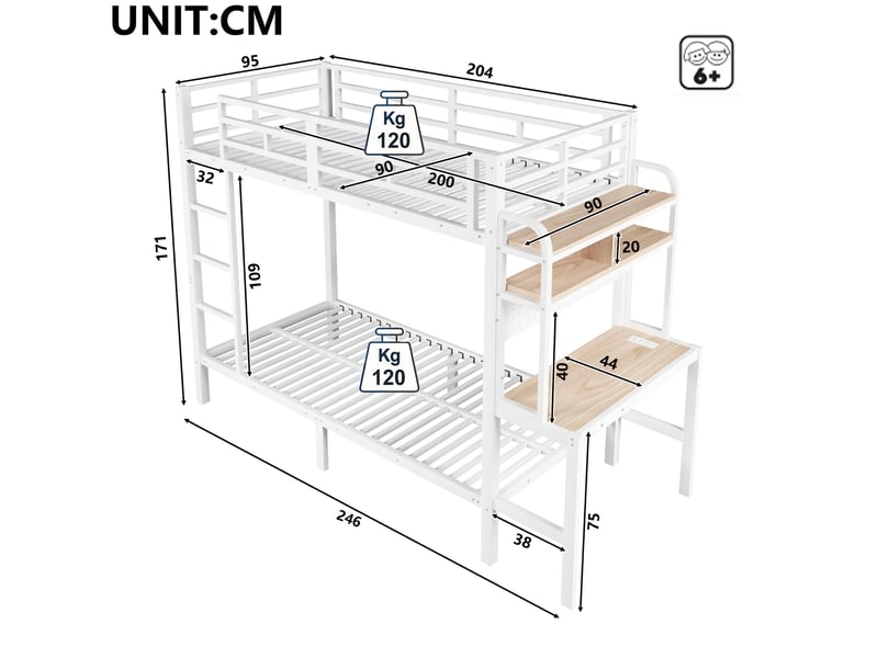  Lit superposé enfant 90 x 200 cm avec bureau, led, usb, métal et mdf, blanc  - Conforama C