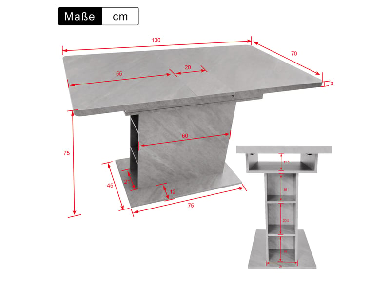  Table à manger extensible 110-130x70x75 cm, coloris gris, motif imitation marbre, aggloméré, rectangulaire, rangement intégré  - Conforama C