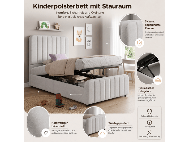 Lit coffre enfant simple 90×200 cm hydraulique, tête de lit rembourrée - okmyhome- en lin gris, sans matelas  - Conforama E