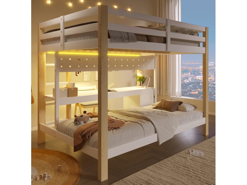  Lit superposé enfant 140x200 et 90x200 cm avec bureau, tiroirs et led, blanc naturel  - Conforama E