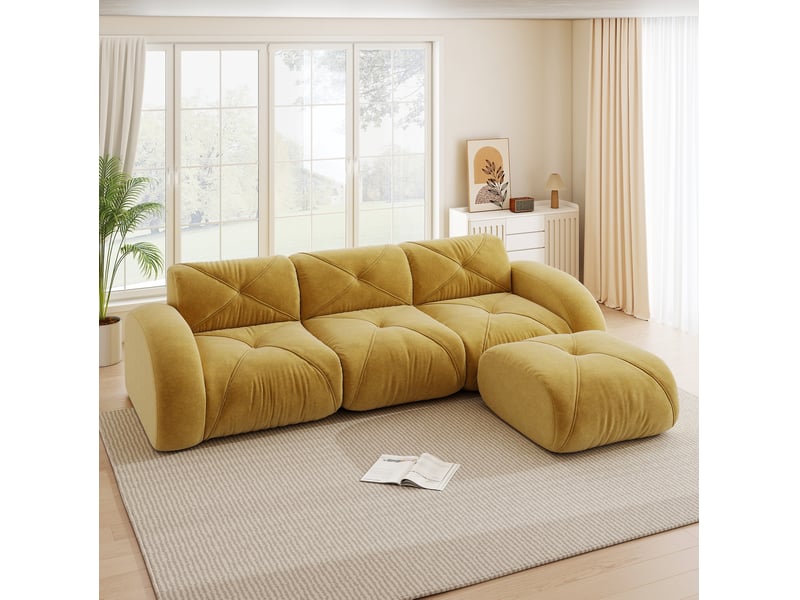 Canapé d’angle modulaire 3 places en chenille jaune avec repose-pieds - Conforama E