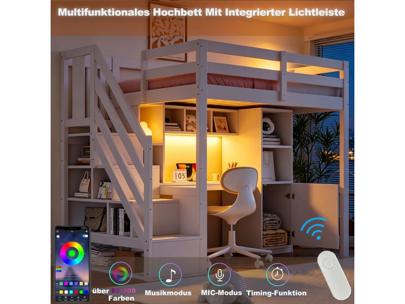  Lit mezzanine enfant 90×200 cm avec escalier, bureau, rangements, led et prises -  sans matelas, bois - blanc  - Conforama E