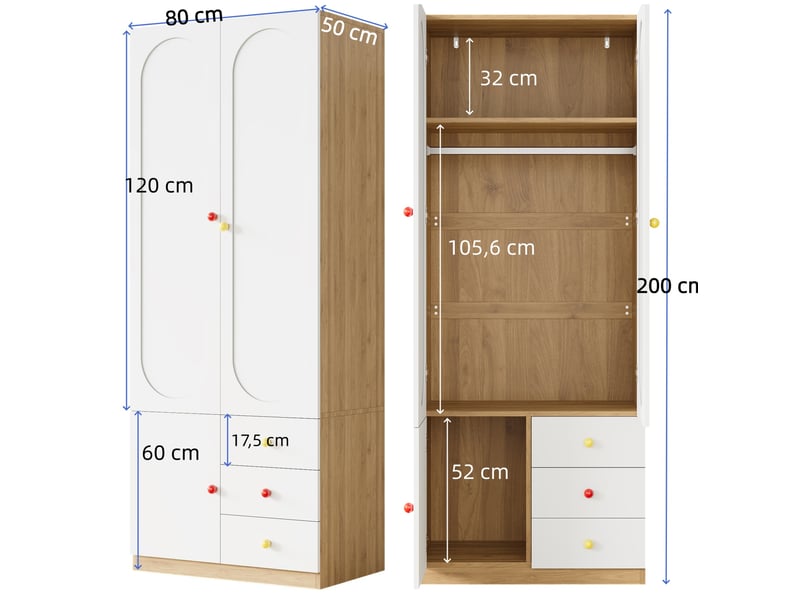 Armoire enfant modenvie 2 portes avec 3 tiroirs, penderie et étagères 80 x 50 x 200 cm, mdf blanc laqué  - Conforama C