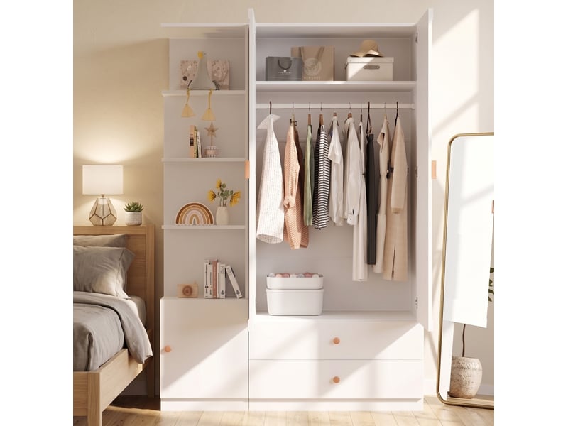  Armoire 135x45x200 cm avec 2 penderies et 2 tiroirs coloris blanc  - Conforama D
