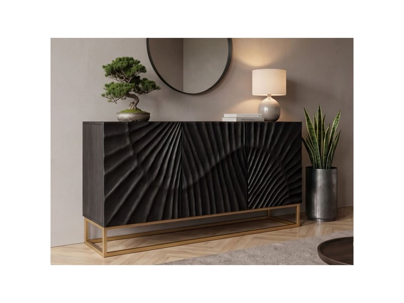  Buffet bas silva 3 portes noir et doré en bois massif de manguier sculpté – 140 x 75 x 38 cm  - Conforama B