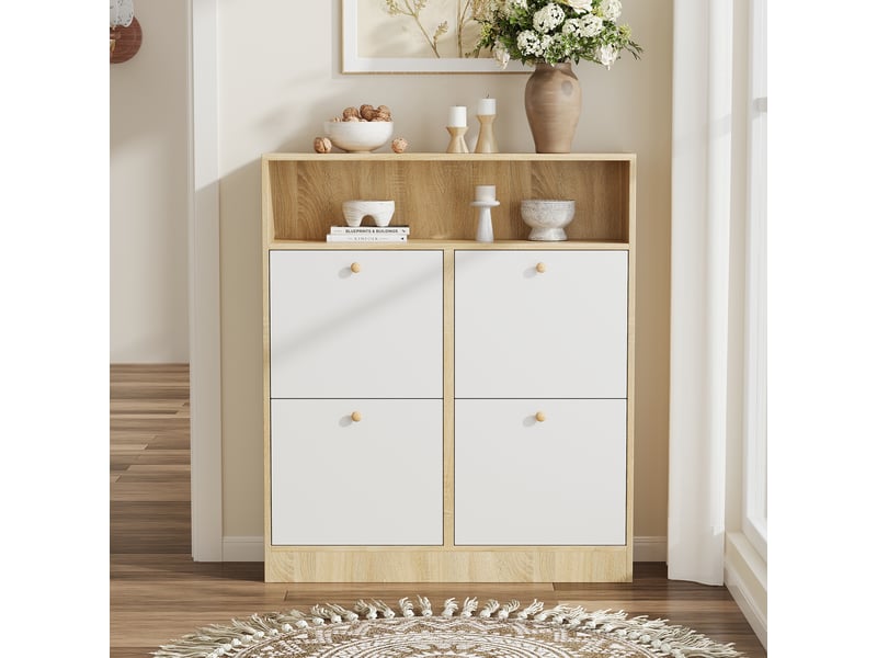  Meuble à chaussures à 4 portes, étroit, avec étagères ouvertes et séparateurs réglables, gain de place pour entréecouloir, naturel et blanc, l 90 x p 24 x h 104,5 cm  - Conforama R