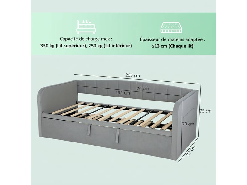  Lit gigogne 90180x190 cm, canapé lit convertible 3 places, sommier à lattes en bois, tête rembourrée en velours, gris  - Conforama C