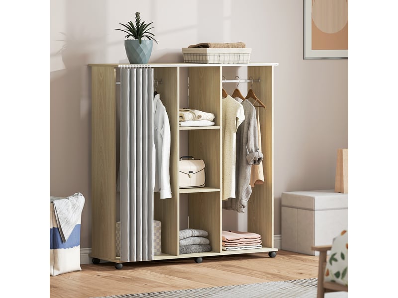  Armoire penderie meuble de rangement mobile 6 roulettes 120l x 40l x 128h cm en bois naturel  - Conforama B