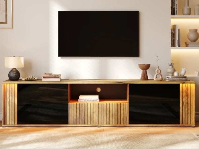  Meuble tv bas avec led, 2 portes et 1 tiroir, mdf et panneaux de particules, 180 × 40 × 51 cm, noir et bois  - Conforama B