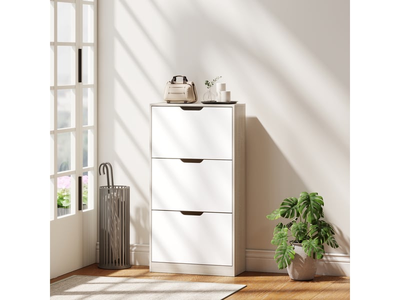  Meuble à chaussures étroit à 3 portes battantes, étagère à chaussures d'entrée pour 18 paires de chaussures, 62,5 x 26 x 117,5 cm, chêne et blanc  - Conforama C
