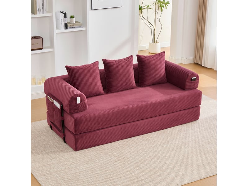  Canapé droit 3 places moderne 200x94x67 cm, modulable librement, rangements latéraux, rangement, velours côtelé, bordeaux  - Conforama E