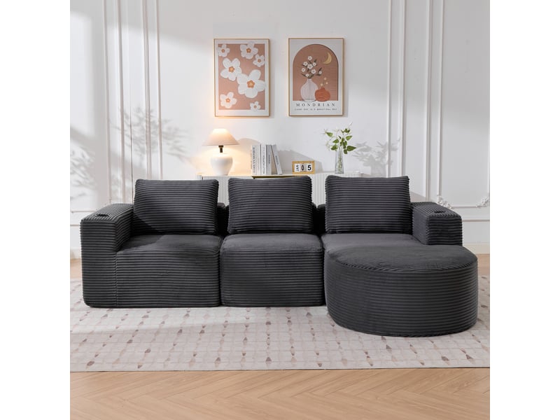 Canapé droit 2 places avec 3 coussins et double porte-gobelet - assise double mousse, polyester gris foncé 265×176×60 cm - Conforama B