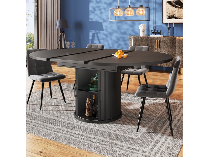  Table à manger extensible, 118x118x76,8 cm, ronde à ovale, salle à manger, design moderne, pratique, mdf, coloris noir  - Conforama E