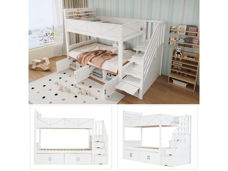 Lit superposé 90×200cm avec escaliers et casiers de rangement, lit enfant avec barrière stable, blanc - Conforama D