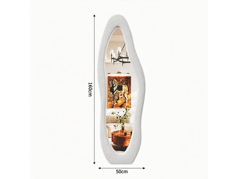  Miroir corps entier 160x50 cm, miroir sur pied ondulé asymétrique, avec pied u, pour chambre et dressing, cadre velours doux style scandinave, blanc  - Conforama E