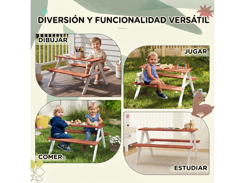 Ensemble table de pique-nique et 2 bancs en bois pour enfants de 3 à 8 ans, pour jardin ou terrasse, 89 x 79 x 50 cm, marron  - Conforama E