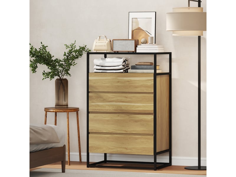  Commode de chambre à coucher à 4 tiroirs, plateau en verre trempé, étagère ouverte, structure en acier, 60 x 40 x 94,5 cm, teck  - Conforama D
