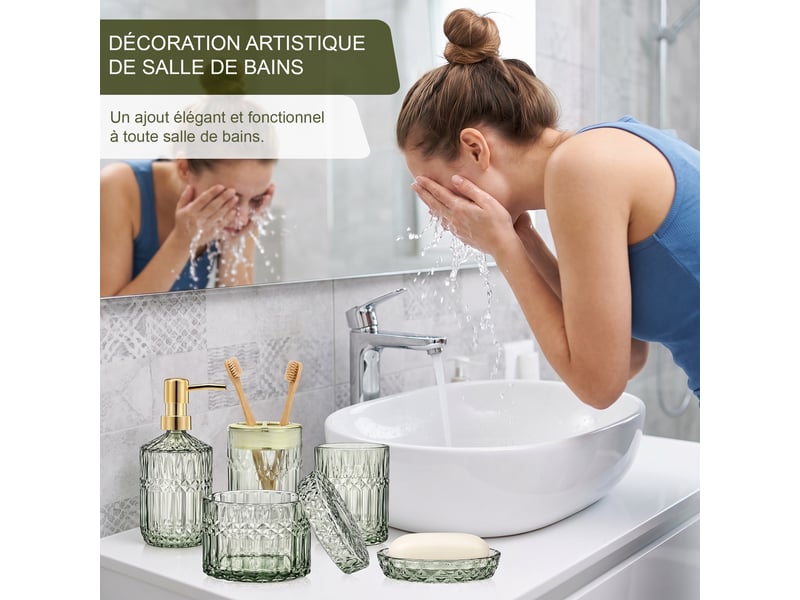  Set salle de bain 5 pièces en verre vert taillé diamant, style rétro, distributeur de savon et porte-brosse à dents  - Conforama R