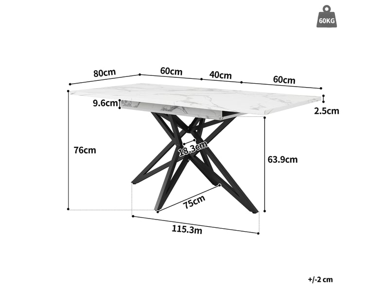 Table de salle à manger extensible 6 à 8 personnes en mdf et métal 120160×80×76 cm blanc - Conforama E