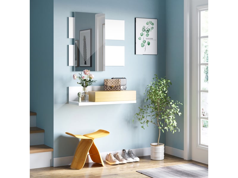  Ensemble de meubles d'entrée avec miroir et tiroir, mobilier moderne en bois avec miroir de 40 x 70 cm, fixation murale  - Conforama C