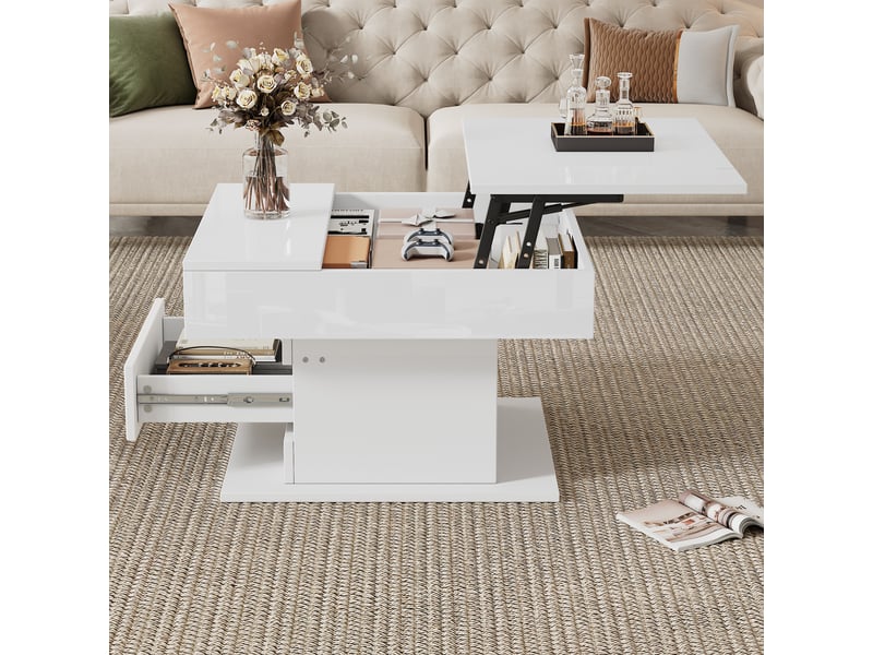  Table basse relevable carrée blanc - 70x70 cm panneau de particules table basse blanc - Conforama B