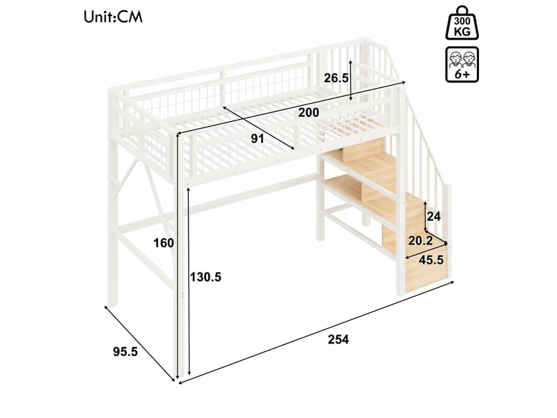  Lit mezzanine enfant 90x200 cm, led, marches avec rangement, cadre en métal, blanc, pour chambre enfant, sans matelas  - Conforama C