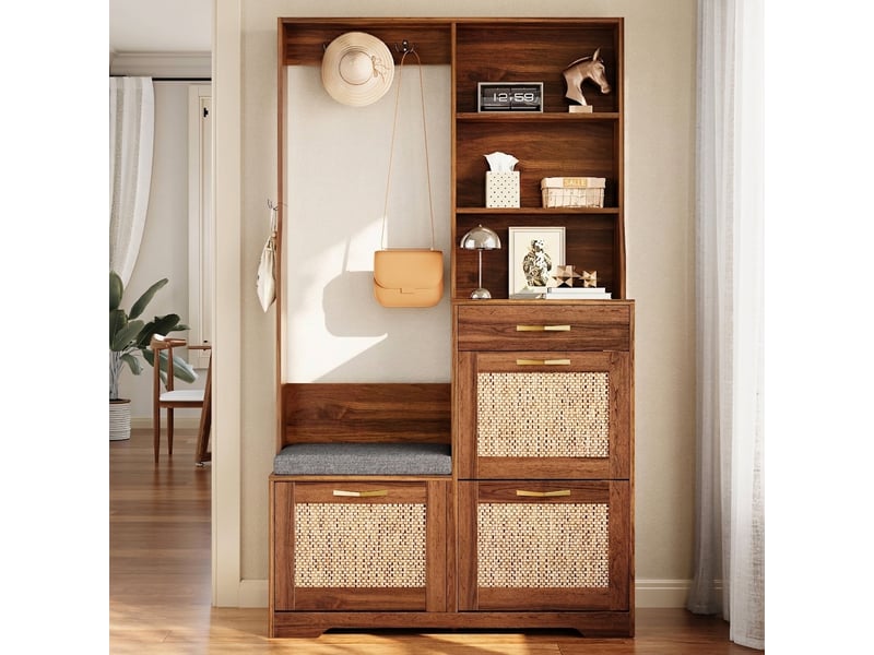  Vestiaire d'entrée avec banc et meuble d'entrée en rotin 100cm noyer  - Conforama C