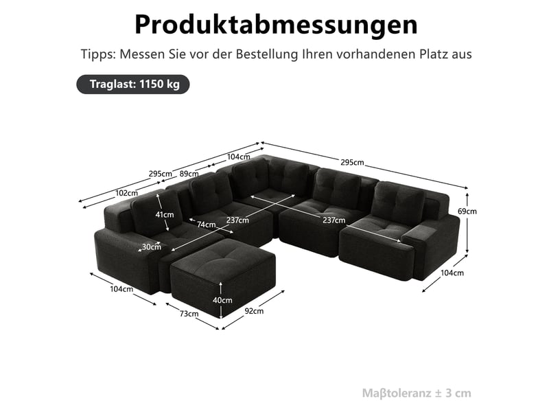  Canapé d’angle modulable 5 places en velours côtelé noir avec ottomane, 295 cm  - Conforama C