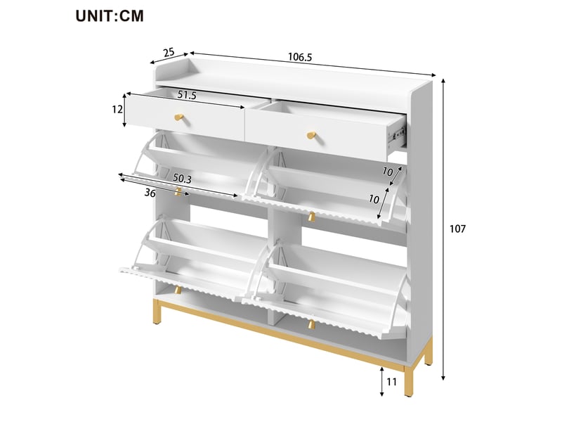 Meuble à chaussures 106,5 x 25 x 107 cm en panneaux de particules avec 4 portes abattantes et 2 tiroirs blanc chicfurn - Conforama D