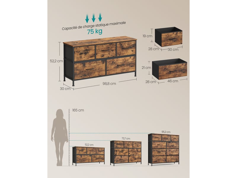 Commode à 5 tiroirs de rangement pour chambre à coucher, meuble de rangement, acier, mdf, tissu non tissé, pour chambre à coucher, placard, couloir, salon, marron rustique et noir encre - Conforama E