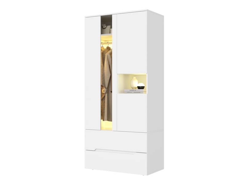 Armoire de chambre 90 x 50 x 200 cm avec led, 3 portes et 2 tiroirs, dressing avec penderie et 6 compartiments de rangement, en mdf, blanc - Conforama D