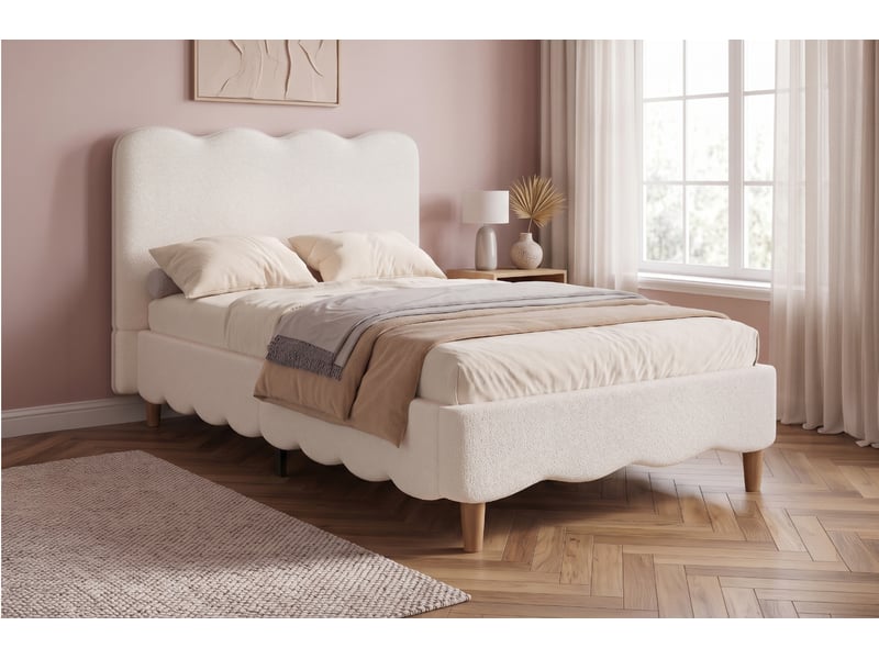  Lit enfant 90x200 cm, sommier à lattes et tête de lit rembourrée, en tissu, blanc, sans matelas  - Conforama D