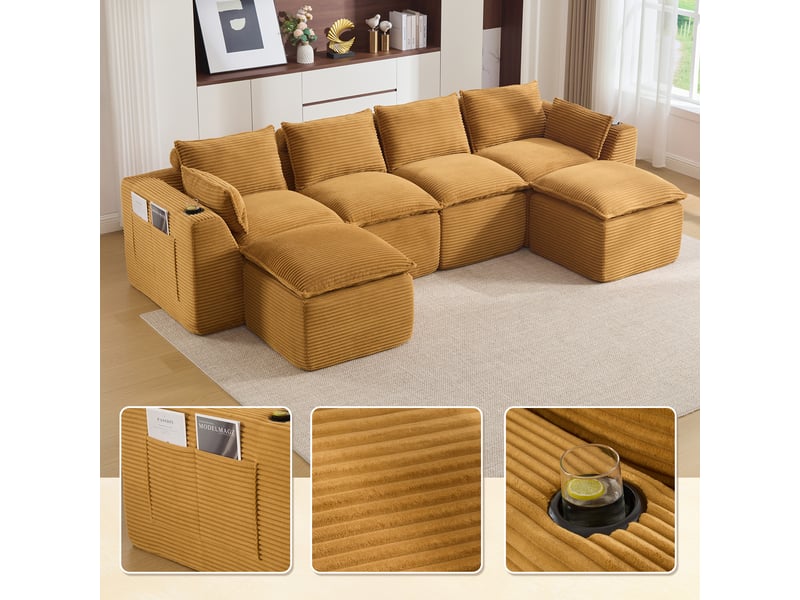  Canapé modulable 4 places en velours côtelé orange avec 2 poufs, porte-gobelets et 2 poches latérales  - Conforama B