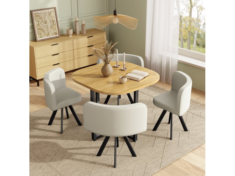  Table à manger et chaises carrée 85x74 cm, 4 places, coins arrondis, gain de place, mdf et lin, blanc et bois  - Conforama D