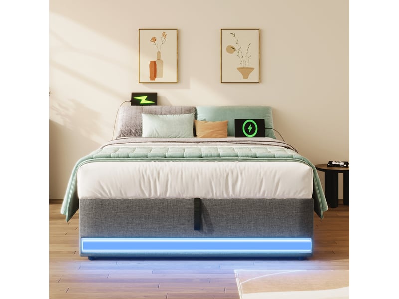  Modenvie lit coffre 90x200 cm - avec led multicolore, ports usb et usb-c, rangement hydraulique - gris  - Conforama B
