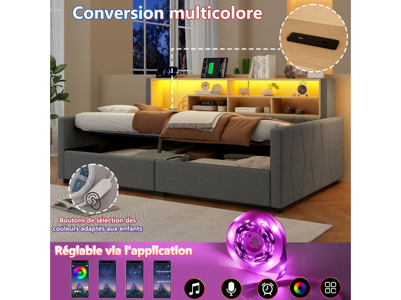  Lit coffre hydraulique 90x200 cm avec led, usb-a et usb-c, tissu lin gris, structure mdf, sans matelas  - Conforama D