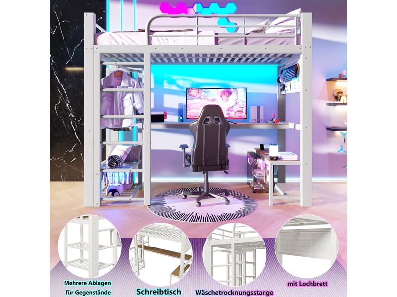  Lit superposé 90x200 cm, lit enfant, rangement, escalier avec rangement, led, bois et métal blanc  - Conforama W