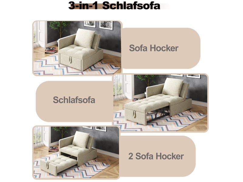  Canapé-lit 3 en 1 beige en tissu de lin, dossier réglable 5 positions, coussin inclus, structure métal, 177 x 68 x 65 cm  - Conforama W