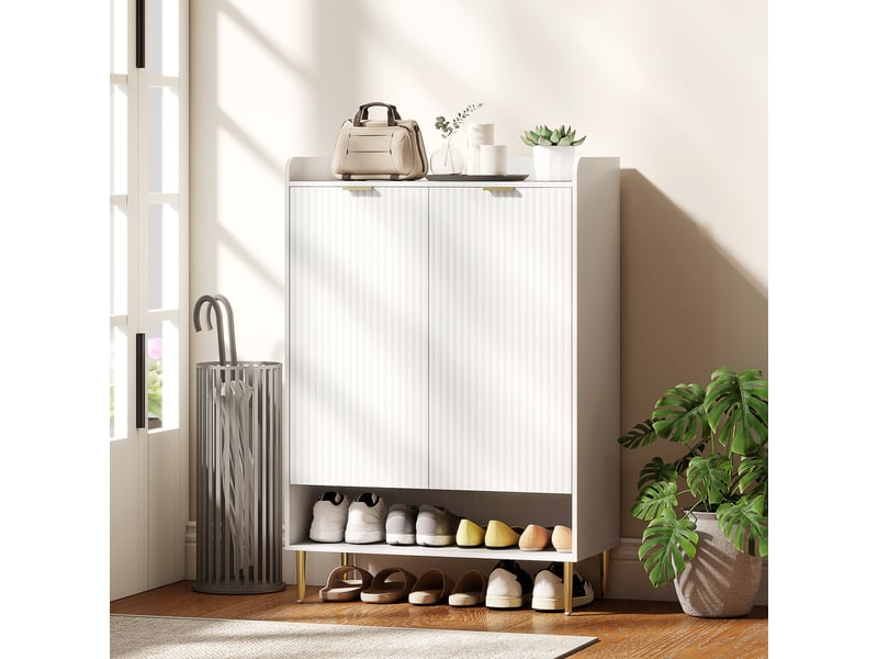  Étagère à chaussures gain de place pour 24 paires de chaussures, avec 2 portes, 3 étagères coulissantes et une étagère inférieure, blanche  - Conforama C