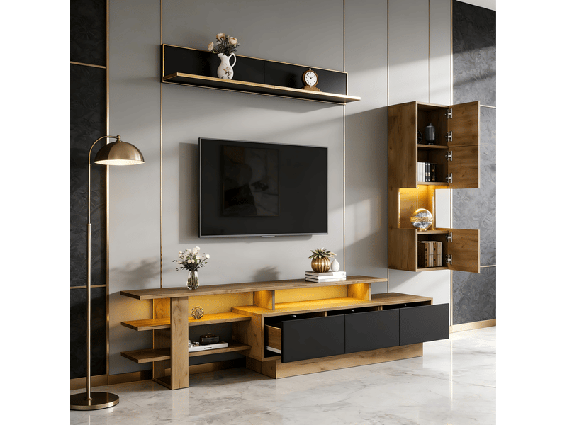  Ensemble meuble tv modenvie 3 pièces 180 x 40 x 45 cm avec vitrine et étagère led usb décor bois naturel noir  - Conforama B