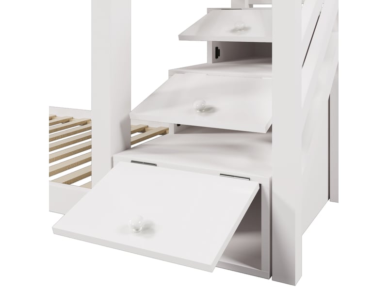  Lit superposé cabane enfant 90x200 cm avec tableau et rangement bois mdf blanc sans matelas  - Conforama E