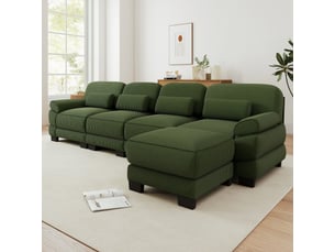 Canapé d’angle modulable 336 cm 4 places avec pouf, design carré épuré, base et accoudoirs à matelassage en canaux, velours côtelé, vert