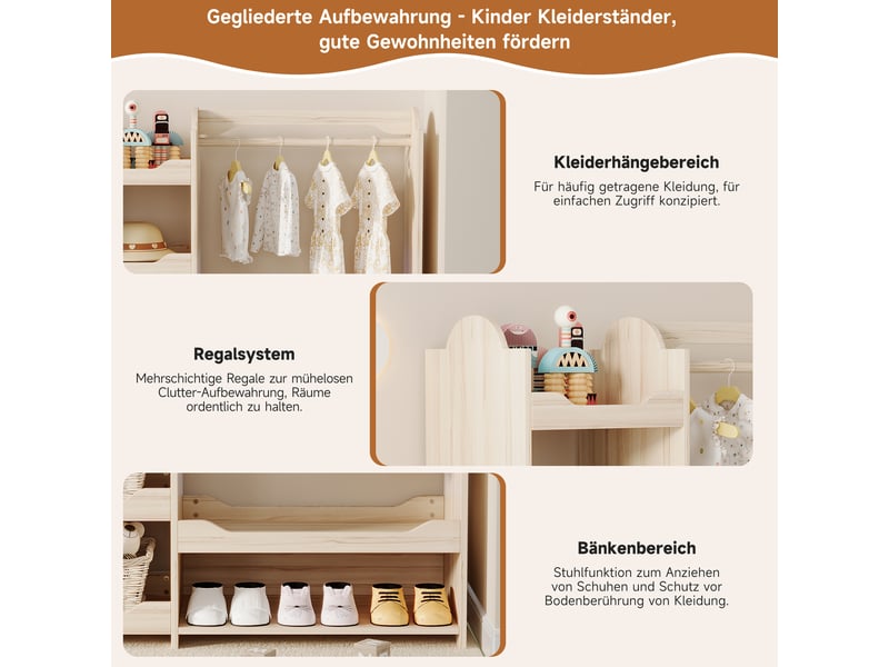  Portant enfant 110x39x110 cm | 4 étagères ouvertes, tringle à vêtements, rangement pour chambre d'enfant, bois naturel  - Conforama D
