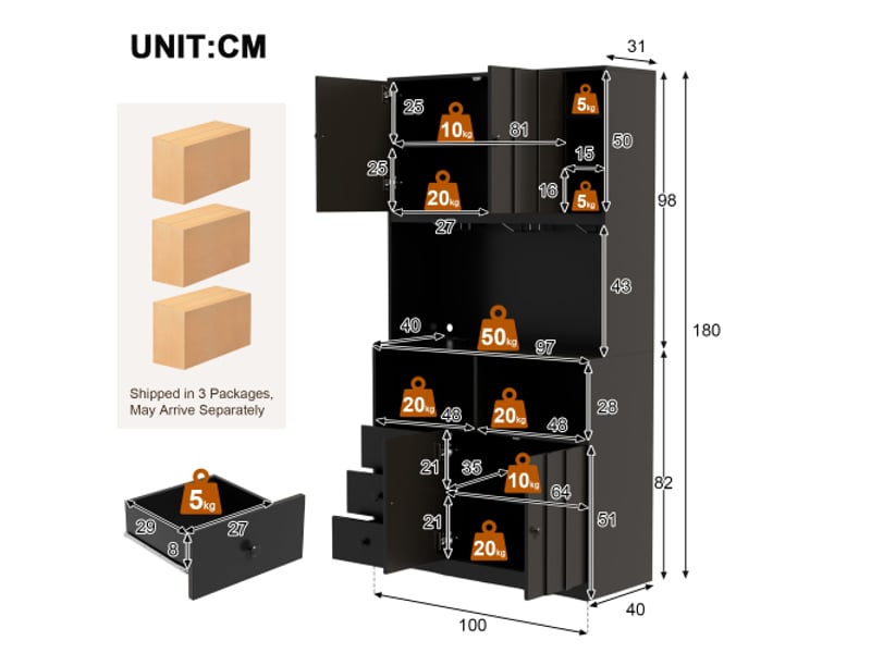  Servers, sideboards &amp; buffets - armoire de cuisine haute 180 cm avec led, étagère de cuisine avec prise, casier à vin et v - mdf - noir - 100 x 40 x 180 cm - usage domestique - installation simple N635P4664101112S - Conforama C